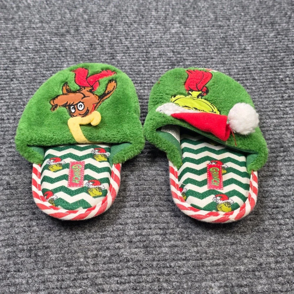 Dr Seuss The Grinch Faux Fur Slippers Youth Size 13-1 Green Max Dog Holiday